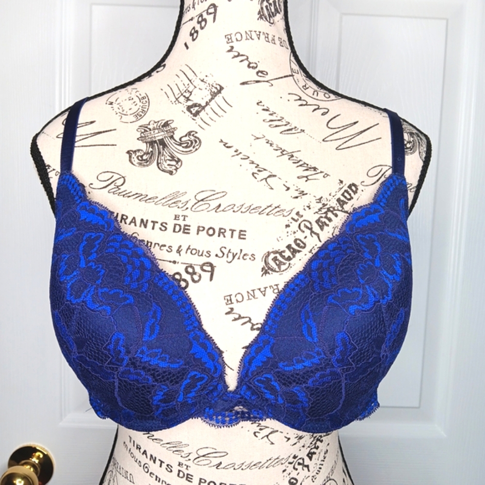 La Senza Full Coverage Bra Plus Size 38D Blue Black Lace Underwire Sexy Lingerie